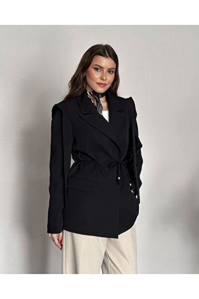 FERZOLAİO Shoulder Detail Black Blazer Jacket with Waist Belt