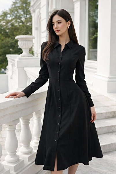 Rich Kadın Siyah Belden Oturmalı Gömlek Elbise
