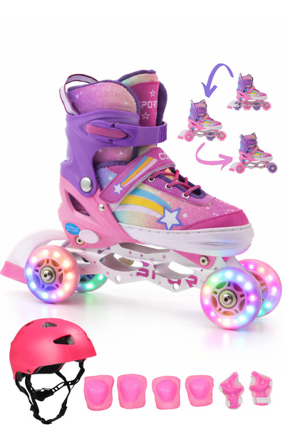 Sportaj Yıldız Gökkuşağı Işıklı Kız Çocuk Pateni Kask ve Dizlik Seti Silikon ...