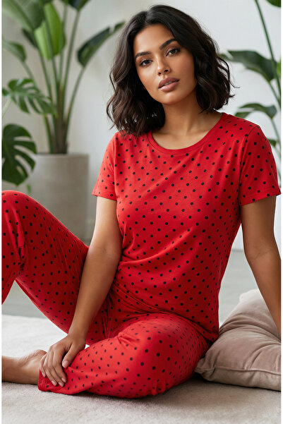 Siyah İnci Pamuk komad crvene Pujan Sa deznom Pleteno pidžama set