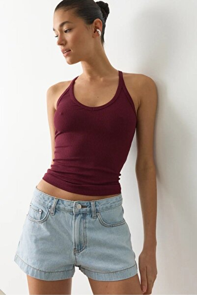 Madmext Burgundy Basic Body-Fitting Sleeveless Women's Tank Top Mg2639