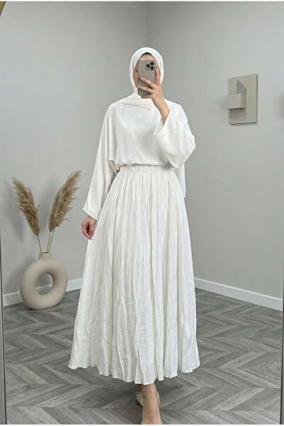MİHRA STORE Nalan Kırışık Kumaş Kraş Etek-BY5001 Beyaz