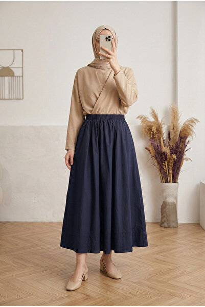 MİHRA STORE İdilnaz Φούστα Ποπλίνα με Διπλές Τσέπες και Έξι Ραφές-BY5020 Ναυτ...