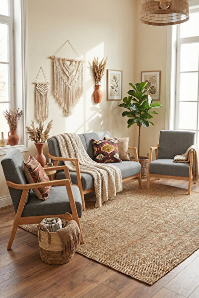 Zem Favela Bohem Çay Seti Natürel Ahşap, Gri (1 ADET İKİLİ BERJER 2 ADET TEKL...