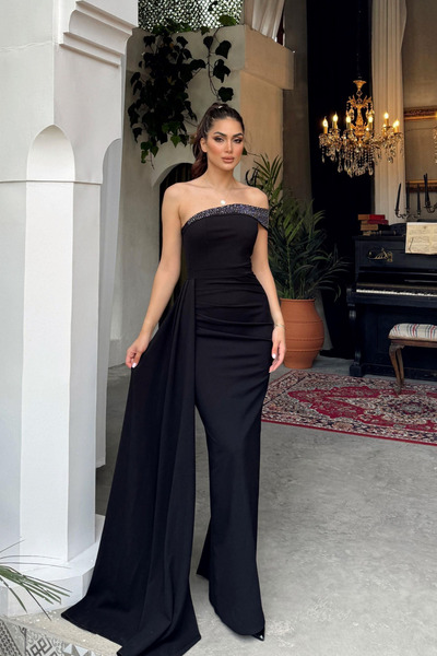 Mekafashion Sean Tek Kol Kuyruklu Abiye 582918 SİYAH