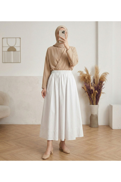 MİHRA STORE İdilnaz Φούστα Ποπλίνα με Διπλές Τσέπες και Έξι Ραφές-BY5020 Λευκό
