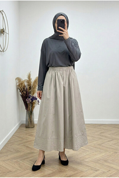 MİHRA STORE İdilnaz Double C Pocketed Six-Stitched P Poplin Skirt-By5020 Stone