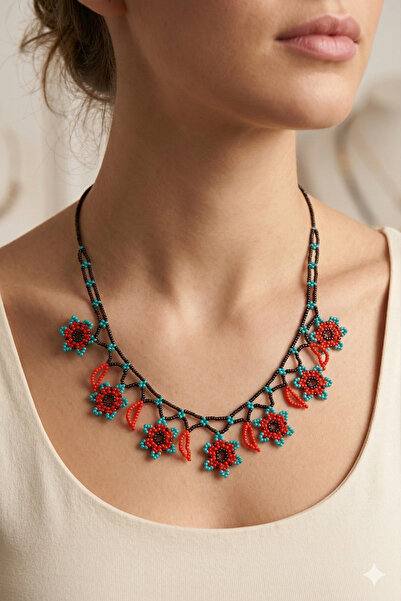 PETEK AKSESUAR BONCUK OYA EL YAPIMI ÇİÇEK ETNİK KOLYE