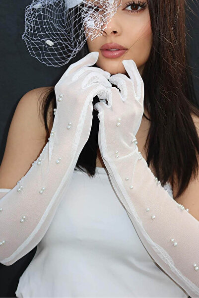 TAKIŞTIR Beyaz Renk İnci Ve Tül Detaylı Şık Uzun Gelin Eldiveni Nikah/Düğün/P...