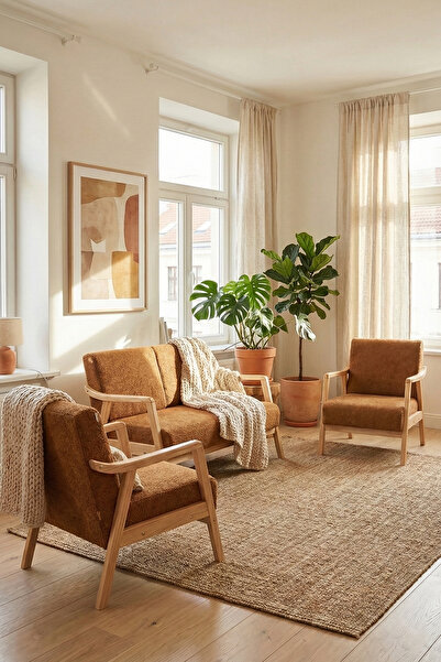 Zem Favela Bohem Çay Seti Natürel Ahşap, Hardal (1 ADET İKİLİ BERJER 2 ADET T...