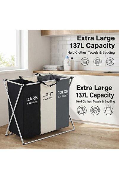 Generic سلة غسيل قابلة للطي بثلاثة أقسام وإطار من الألومنيوم، تُستخدم لفرز ال...