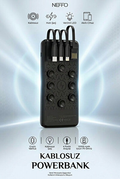 NEFFO Powerbank 12.000 mah Wireless Standlı Vantuzlu Dahili Çoklu Kablo 4in1 ...