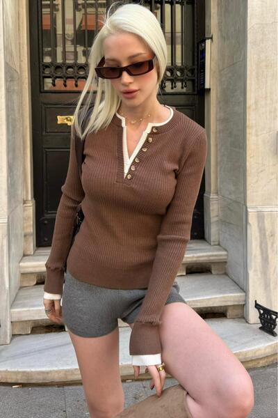 Madmext Smeđi bodi sa dugim rukavima i kopčanim ovratnikom Rebrasto Slim fit ...