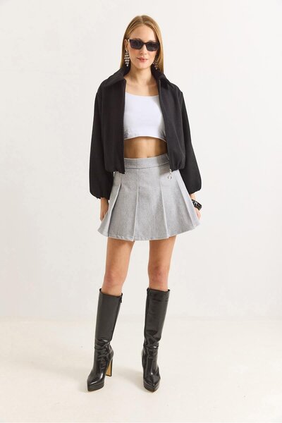 Raneel Kazançlı Alışveriş Women's Melton Pleated Mini Skirt with Shorts Gray