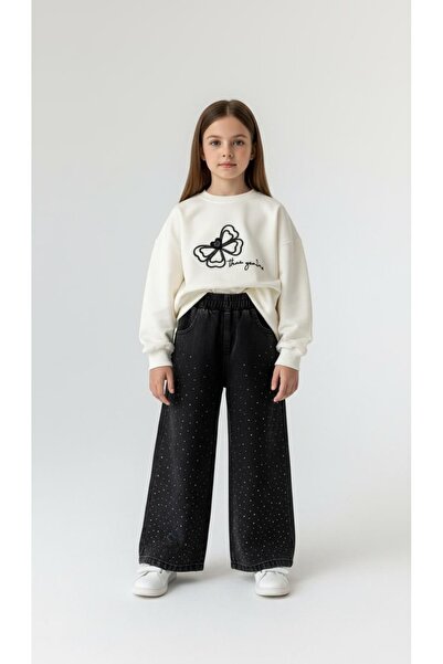 İncilay 6-10 Years Old Girl's Denim Pants & Floral Embroidered Sweatshirt Set