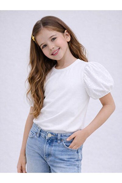 Civil Girls Tricou pentru fetițe cu mâneci bufante din dantelă, 6-9 ani - Alb...