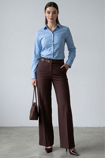 Madmext Pantaloni maro cu picior larg și talie normală, curea piese, MG2735