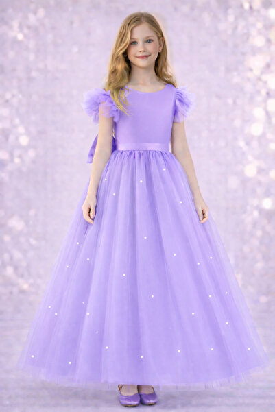 MadyaButik Rochie lungă cu mâneci cu volane/lilac pentru fete