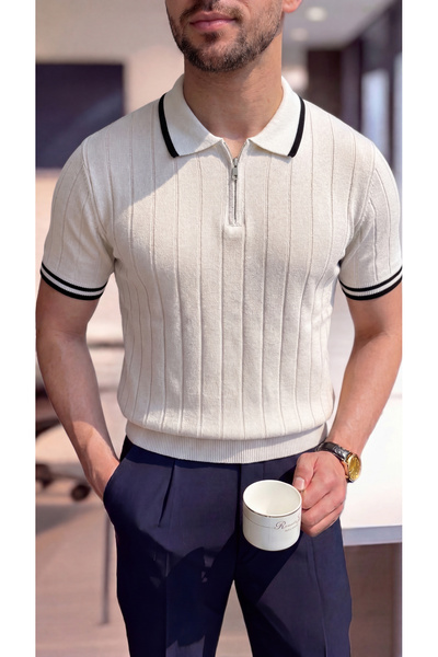 SeusCraft Ανδρικό μπλουζάκι με Ριγέ φερμουάρ - Λευκό πλεκτό μπλουζάκι με λαιμ...