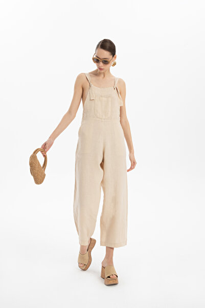 İpekçi Otantik Keten Kanguru Cepli Salopet Tulum