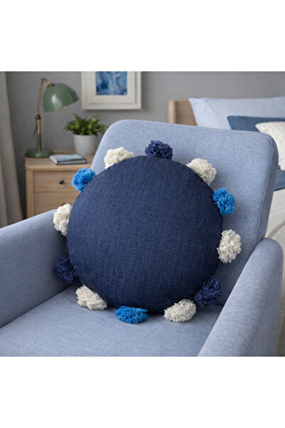 Stelo de Maro Denim Ponponlu Yuvarlak Kırlent 45 Cm - 1 Adet Kılıf & 1 Adet Y...