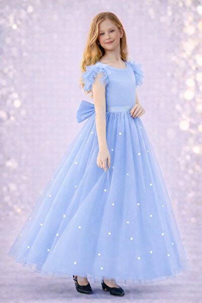 MadyaButik Plava haljina za djevojčice sa volanima/bez rukava, dugačka, sa bi...