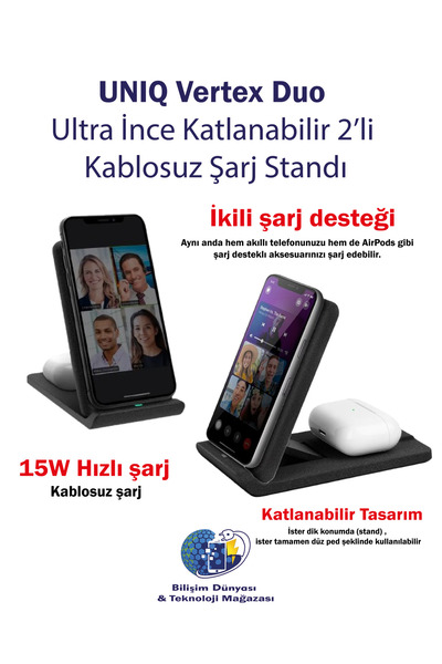 Vertex Duo ultra ince katlanabilir ikili kablosuz standlı şarj cihazı