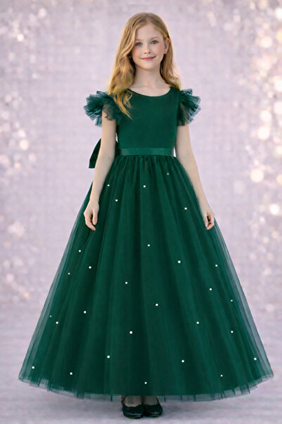 MadyaButik Devojčice, smaragdno zelena haljina za diplomiranje sa naboranim r...