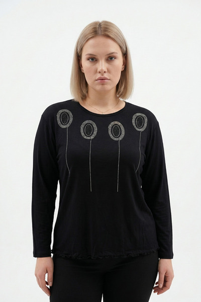 Talvien Taş Printed Long Sleeve Plus Size Blouse