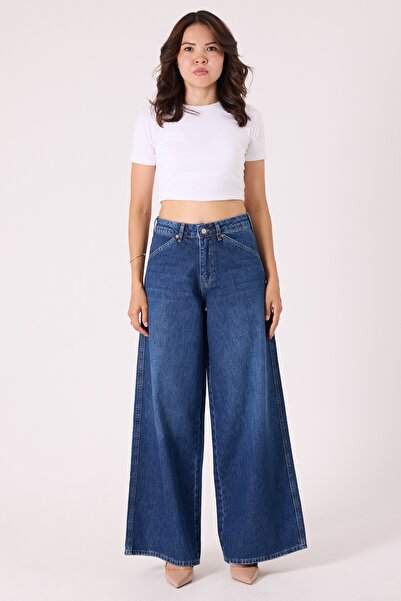 cracpot Kadın Yüksek Bel Cotton Süper Wide Leg Geniş Paça Jean Pantolon İç Ba...