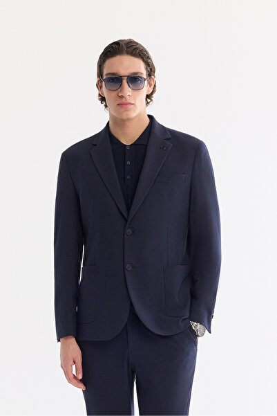 Avva Men's Navy Blue Mono Collar Bag Pocketed Double Slits Unlined Textured D...