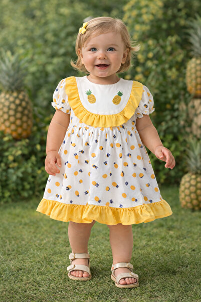 Mika Bebek & Çocuk فستان صيفي بناتي أصفر وأبيض نصف كم مع تطريز الأناناس