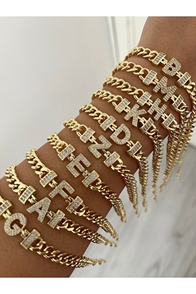 nergis collection Kadın 14K Gurmet Zincir Zirkon Taşlı Harfli Bileklik B Harfi