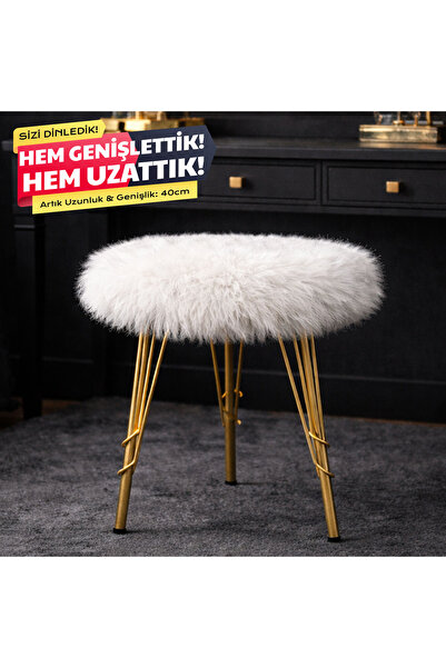 Ratemo Mobilya Beyaz Peluş Puf Tabure, Metal Ayaklı Yumuşak Oturma Pufu (40x4...