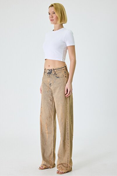 cracpot Kadın Tint Yıkamalı Baggy Kalıp Lazer Detaylı Jean Pantolon %100 cotton İÇ BOY:86cm