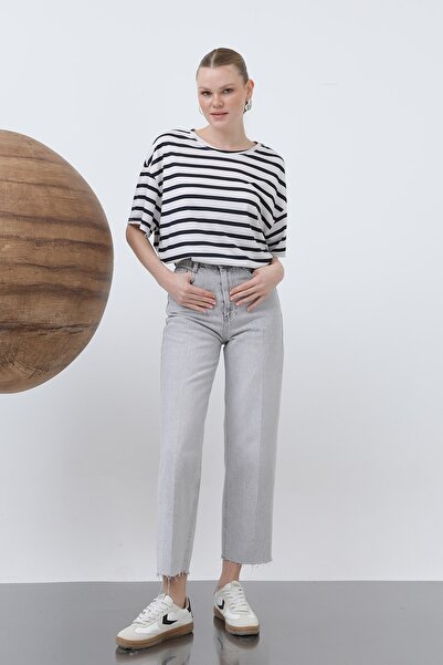 Loreen Women's Crew Neck Striped Tshirt - 20634Tsh - Ecru-Navy