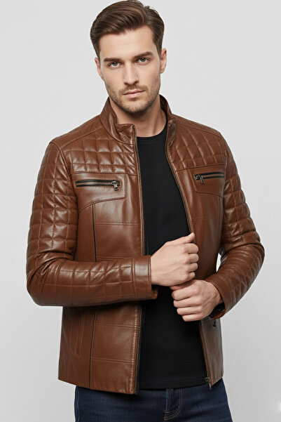 Deriderim Taba Oscar Kapitone Dikişli Fermuarlı Hakiki Deri Erkek Mont