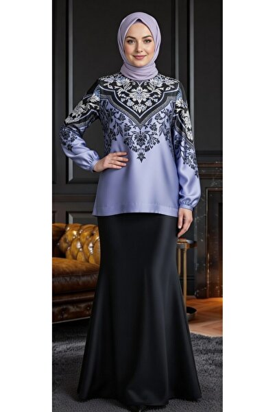 Muslima Wear Blue Black Leaf Patterned Jasmine Blouse with Ankle Stripes