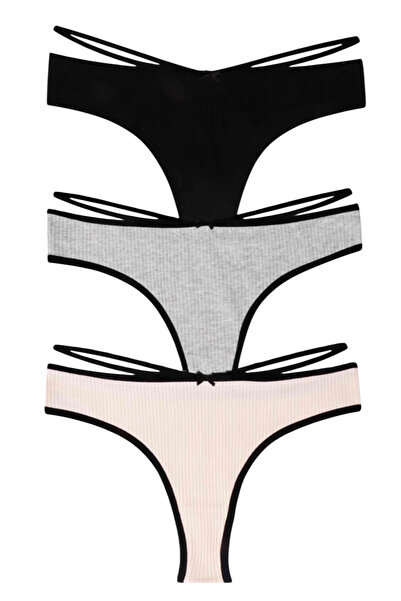 Dominant Kadın 3 Adet Şerit Detaylı Esnek Pamuklu Brazilian Külot - (Siyah, G...