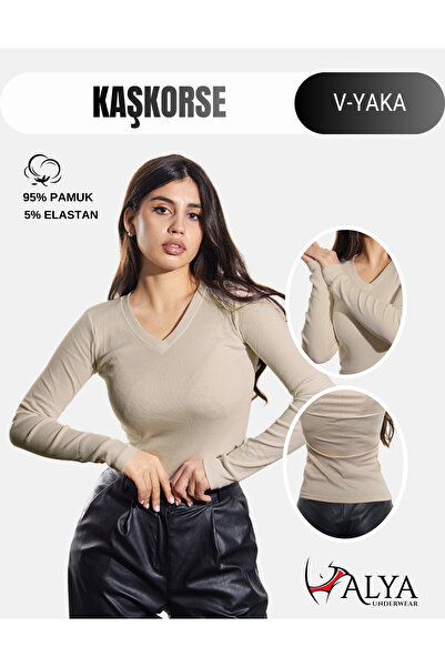 ALYA UNDERWEAR V-Neck Lycra Corded Fabric Bodysuit - Beige Casual Bodysuit