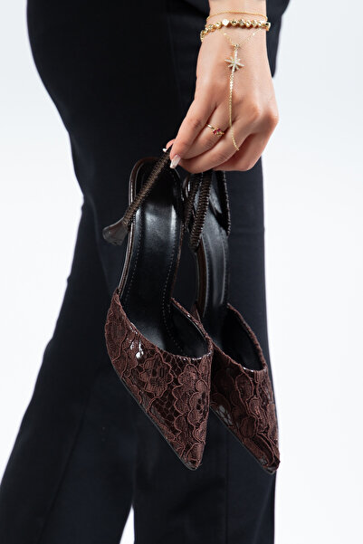 vanorio دانتيل قماش مطاطي خفيف مفتوح من الخلف بلون القهوة حذاء بكعب