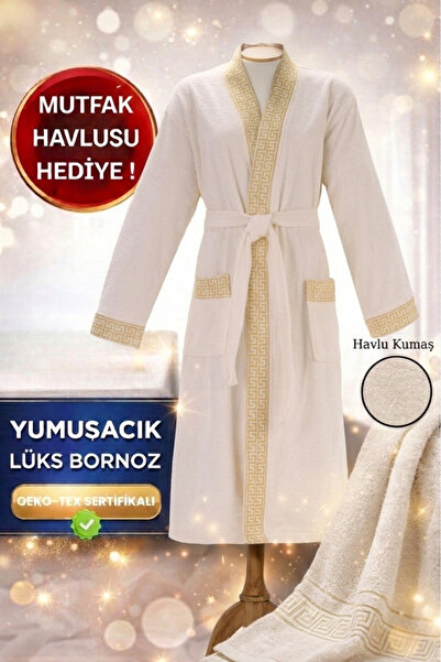 Layvera Erkek-Kadın Bornoz %100 PAMUK | Greek Desen-Krem-Cepli-Erkek-Kadın