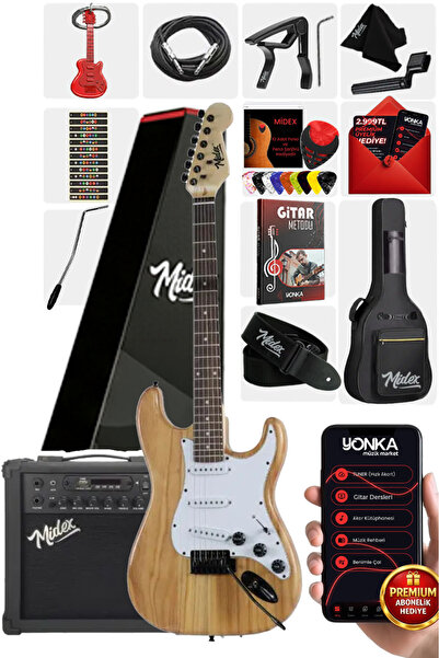 Midex RPH-320WD-25AMP Ahşap Renk Strat Kasa SSS 25W Amfili Elektro Gitar Seti
