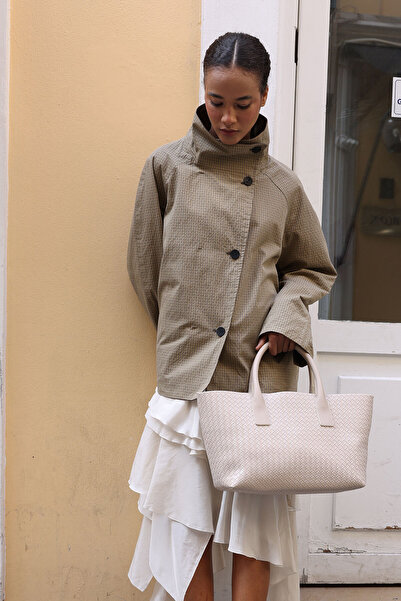 LUTVELIZADE Çanta 2620 - Örgü Dokulu Deri Görünümlü Bej Örgü Kadın Çanta