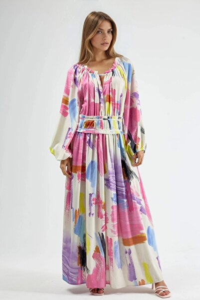 Hiccup MSN Soyut Baskılı Kemerli Maxi Elbise