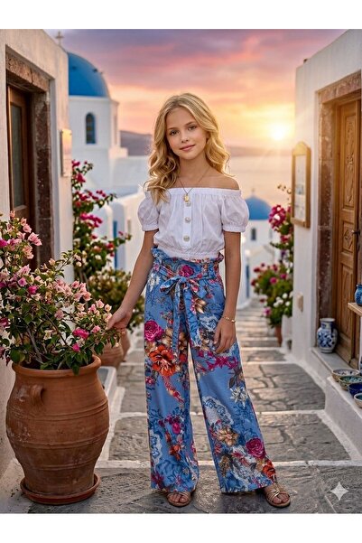 Hilal Akıncı Kids Devojčica, bela bluza sa dugmićima i detaljima, široki pant...