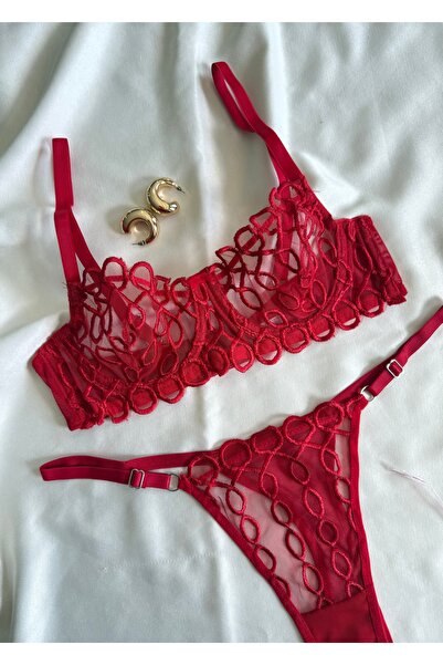 İNKO İÇ GİYİM Balenli Kapsız Tül Detaylı Zincir Desenli Sütyen Takımı (Sütyen...