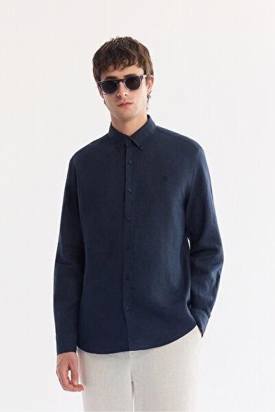 Avva Erkek Lacivert Düğmeli Yaka %100 Keten Comfort Fit Gömlek B002191