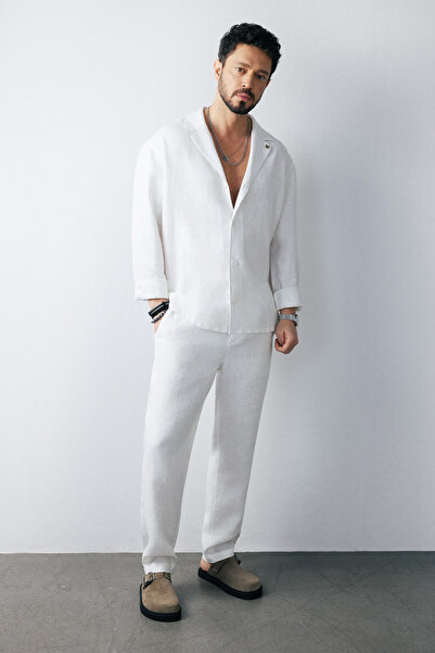 Avva Pantaloni albi pentru bărbați, cu talie elastică, 100% in, cu potrivire ...