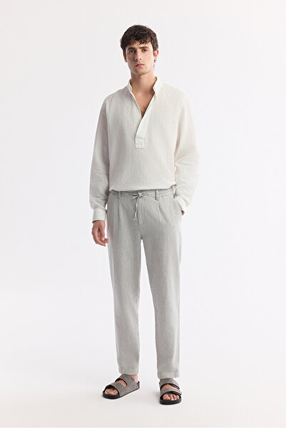 Avva Men's Gray Waist-Tied Linen Blend Chino Relaxed Fit Trousers B003036